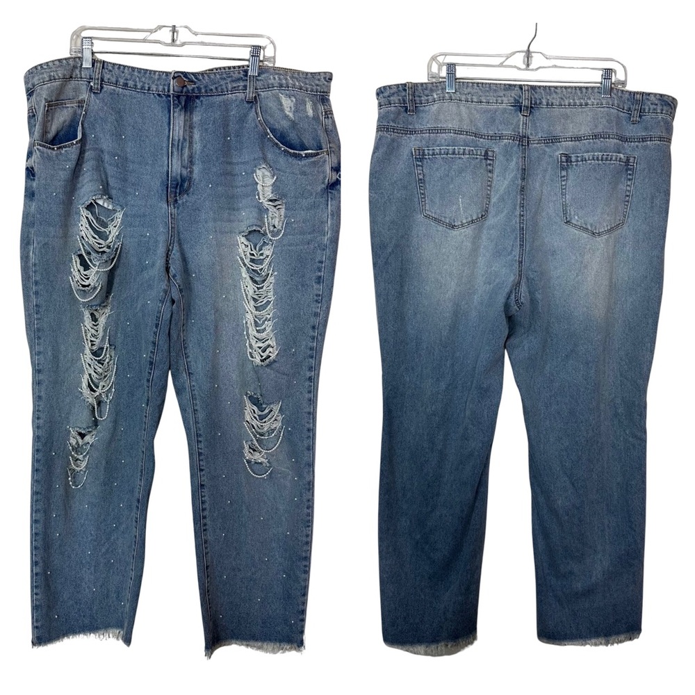 K. Jordan Light Wash High Rise Distressed Faux Pearl Detail Raw Hem Jeans NWT